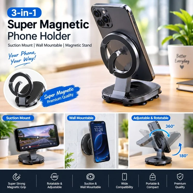 3-in-1 Suction Mount Magnetic Phone Holder Rotatable Wall Mountable Magnetic Stand Adjustable Portable Cell Phone Holder Super Magnetic, Premium Quality