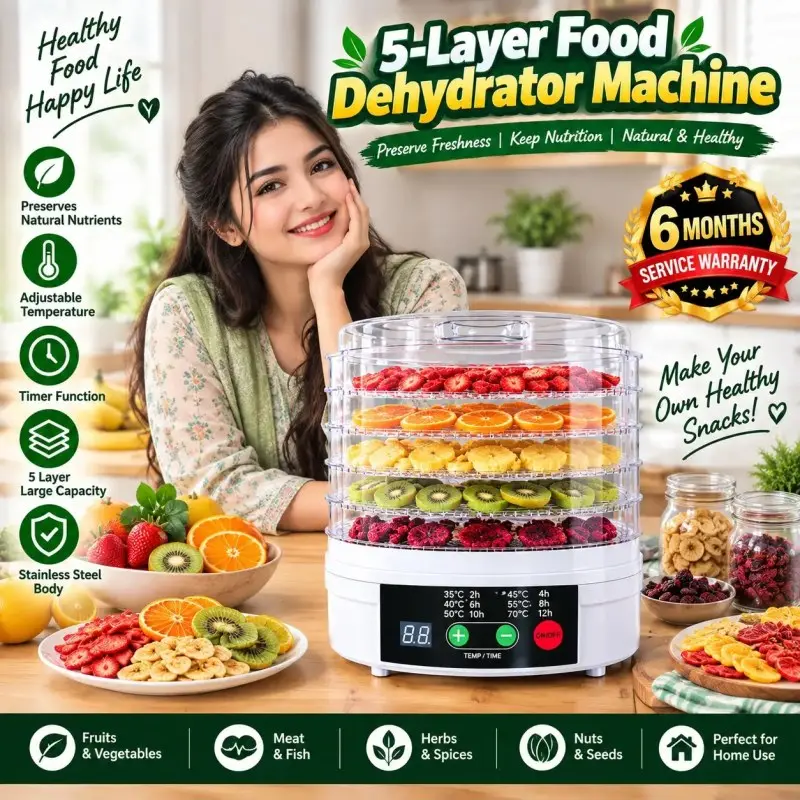 Premium 5-Layer Food Dehydrator Machine – Digital LED Touch Control Electric Food Dryer for Fruits, Vegetables, Meat & Snacks with Adjustable 35–70°C Temperature, 360° Hot Air Circulation, Transparent Stackable Trays & Easy Operation