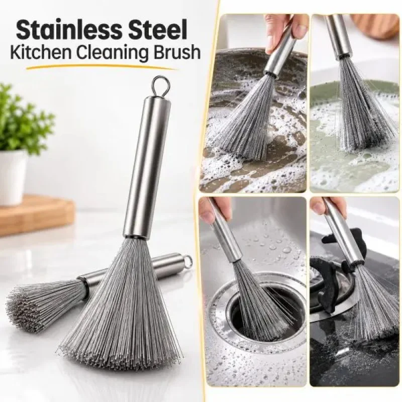 Stainless Steel Kitchen Cleaning Brush – Long Handle Heavy-Duty Pot & Pan Scrubber for Wok, Tawa, Grill, Stovetop & Cookware